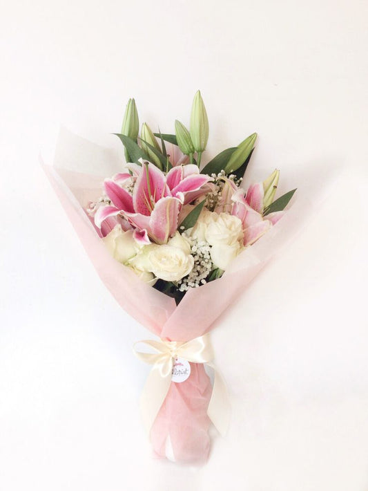 Pink Lilies and White Roses Bouquet – Wrapped in Elegance